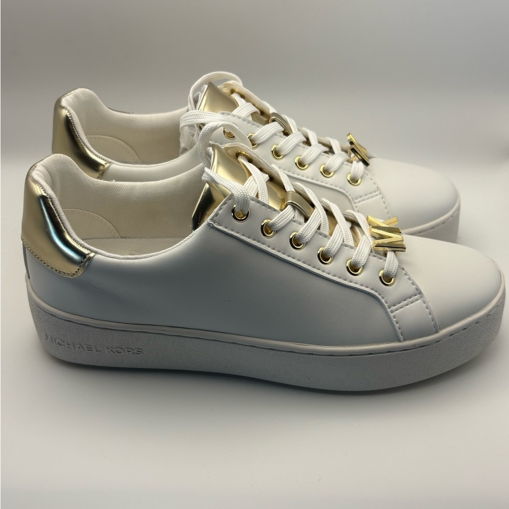 Michael Kors Poppy LaceUp Faux Leather White Sneakers w/ Gold Eyelets & MK Logo - Picture 3 of 6